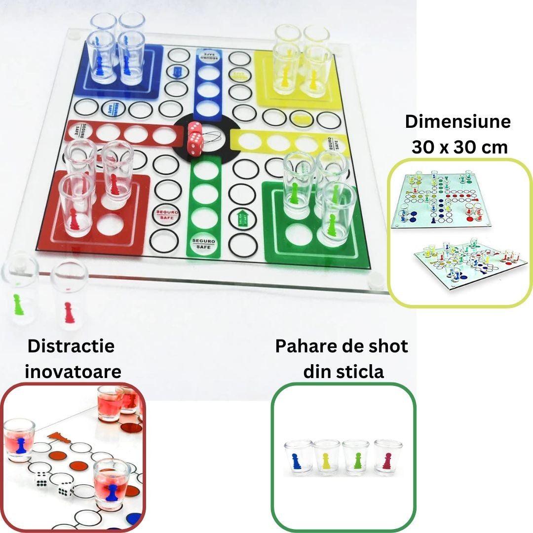 Joc de Societate Ludo Nu Te Supara Frate pentru Baut, Set cu Pahare Shot din Sticla, Tabla de Joc Rezistenta, 30x30 cm, Multicolor