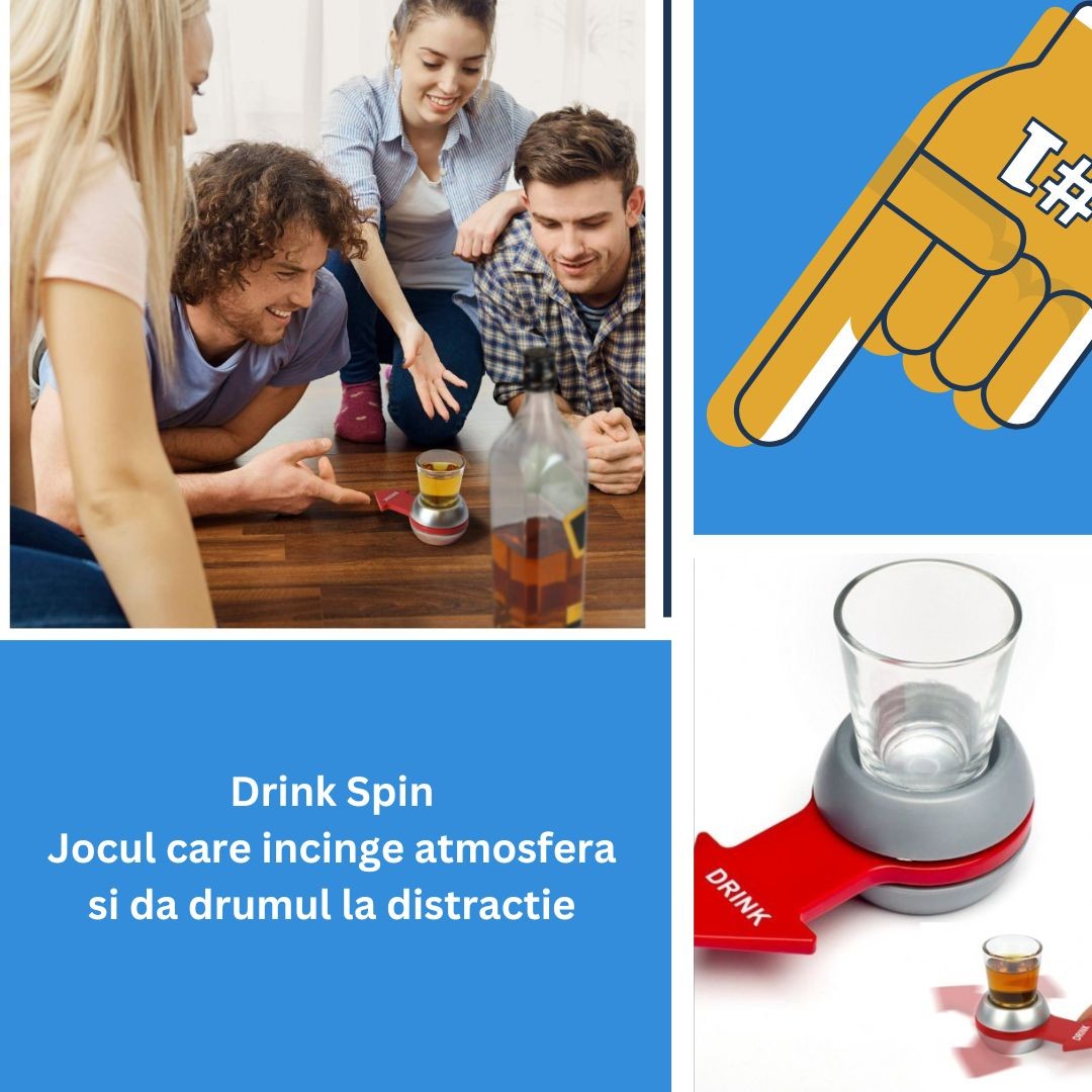 Joc de Baut Drink Spin, Ruleta pentru Petreceri cu Sageata Rotativa, Plastic ABS si Pahar Shot din Sticla 30 ml, 10.3 x 11.5 cm, Gri