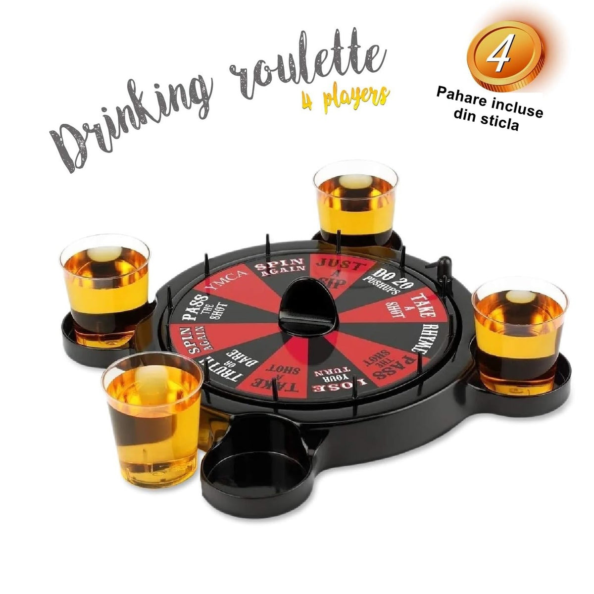 Joc de Baut Ruleta cu 16 Pahare de Shot, Joc de Societate pentru Petreceri, Plastic si Sticla, 15 x 16.5 cm, Rosu/Negru