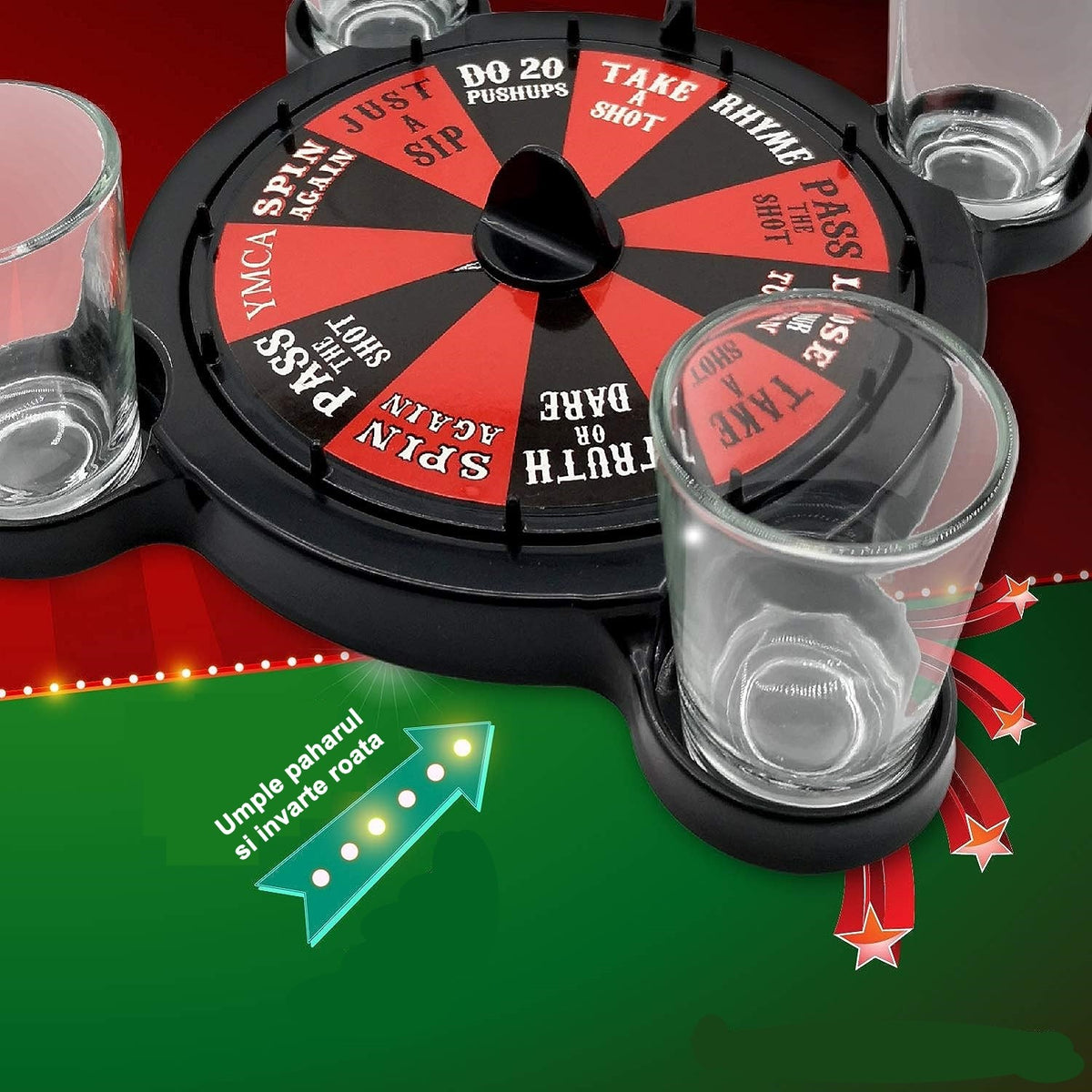 Joc de Baut Ruleta cu 16 Pahare de Shot, Joc de Societate pentru Petreceri, Plastic si Sticla, 15 x 16.5 cm, Rosu/Negru