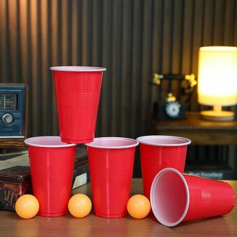 Joc De Baut Beer Pong Pentru Petrecere, Set Reutilizabil Si Portabil, Material Plastic Rezistent, 24 Pahare Rosii, 24 Mingi Albe