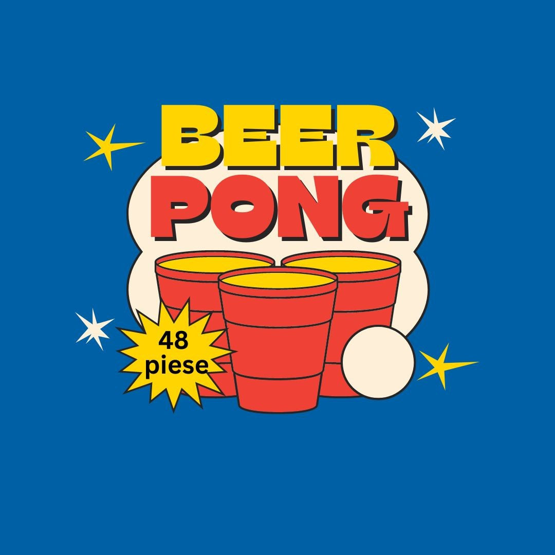 Joc De Baut Beer Pong Pentru Petrecere, Set Reutilizabil Si Portabil, Material Plastic Rezistent, 24 Pahare Rosii, 24 Mingi Albe
