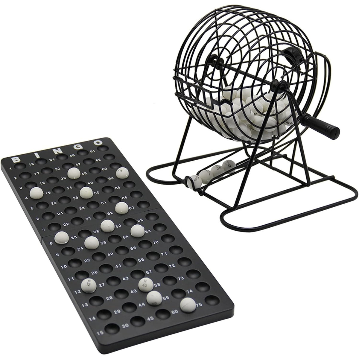 Joc Bingo Deluxe, Set Complet cu Dispozitiv de Extragere, Structură Metalică Durabilă, 75 Bile Albe, 21 x 21 cm, Negru
