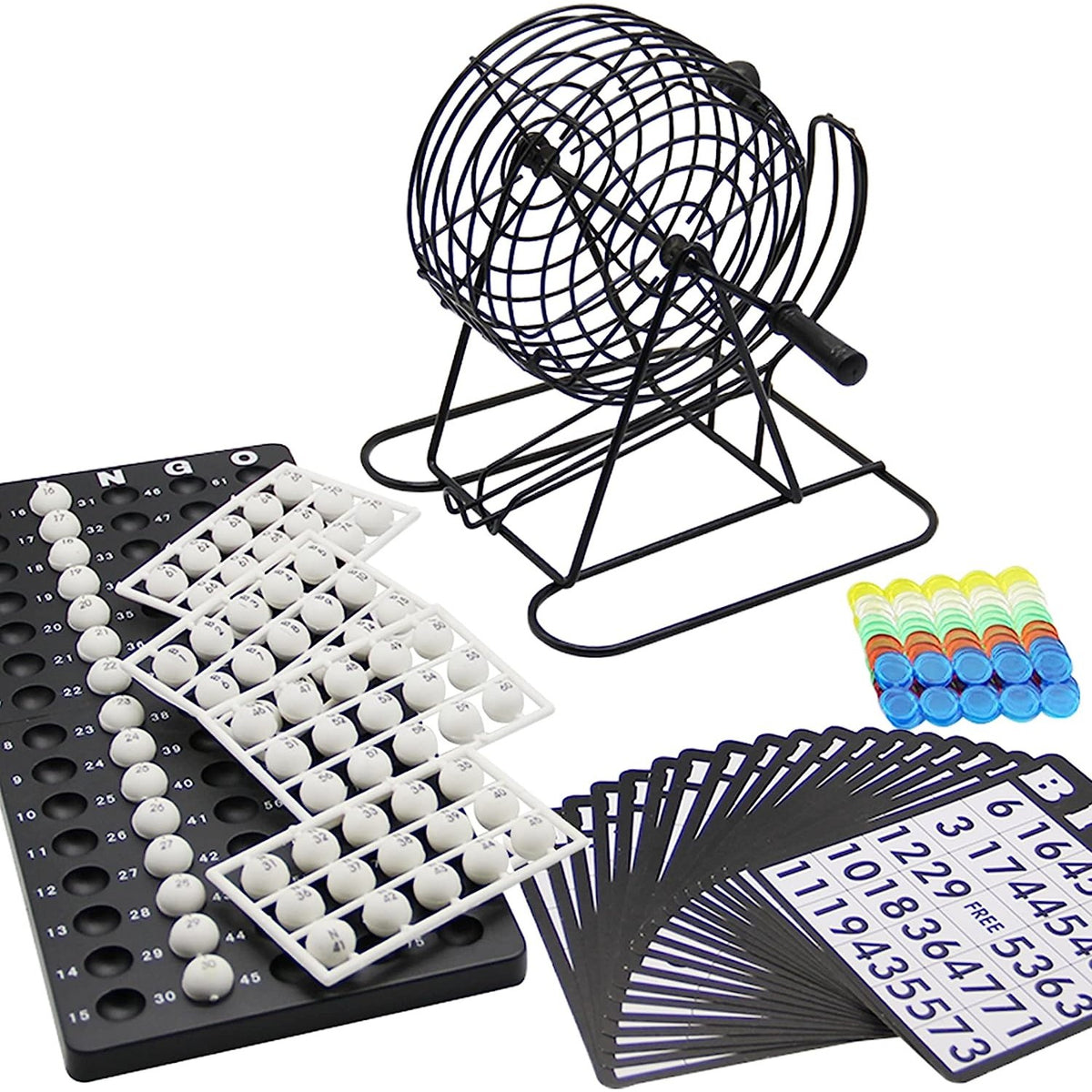 Joc Bingo Deluxe, Set Complet cu Dispozitiv de Extragere, Structură Metalică Durabilă, 75 Bile Albe, 21 x 21 cm, Negru