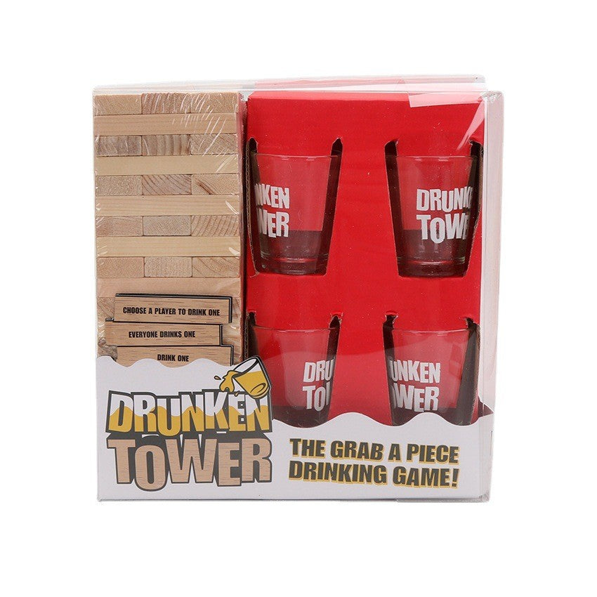 Joc de Baut Turnul Betivului Tip Jenga, Piese din Lemn cu Provocari si Sarcini, Include 4 Pahare de Shot din Sticla, 60 Piese, 19 x 7 x 20 cm