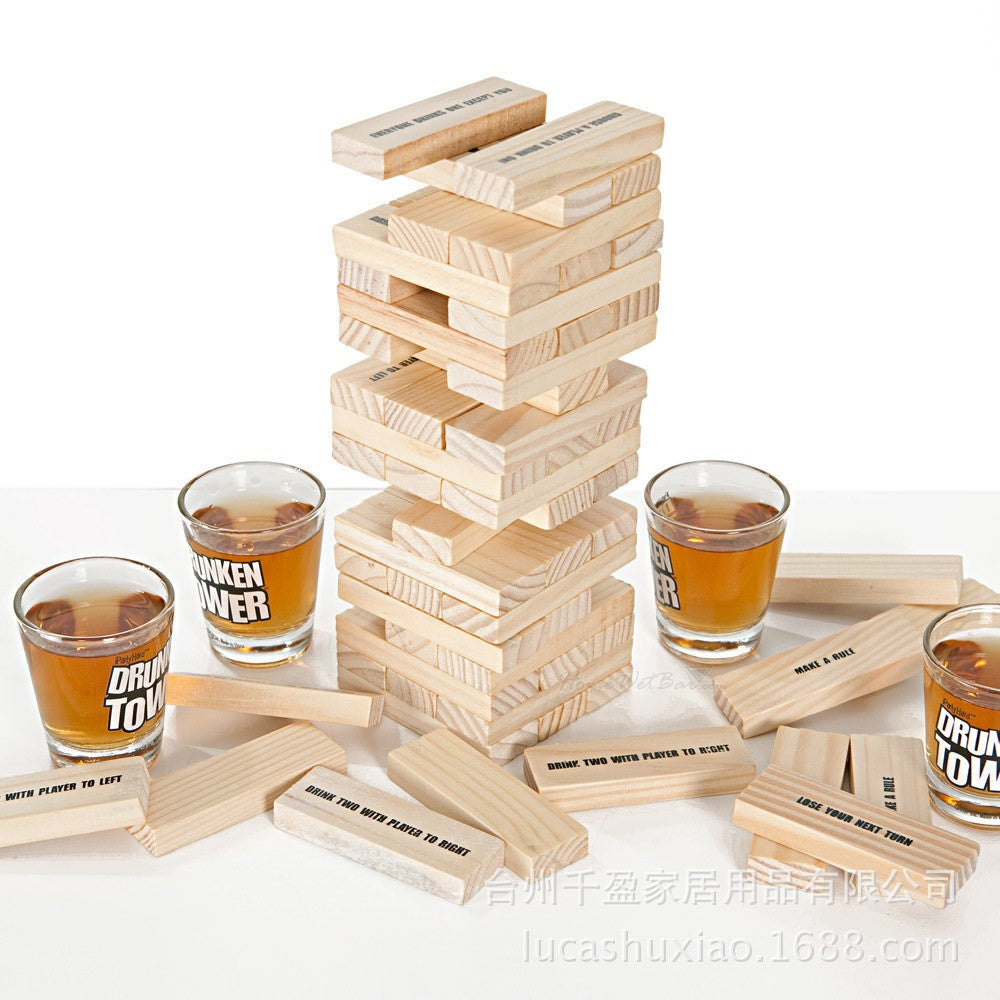 Joc de Baut Turnul Betivului Tip Jenga, Piese din Lemn cu Provocari si Sarcini, Include 4 Pahare de Shot din Sticla, 60 Piese, 19 x 7 x 20 cm