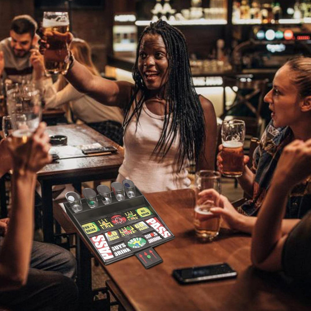 Joc de Baut cu Banuti si Pahare de Shot din Sticla, Board Game Interactiv pentru Party, Multicolor, 23 x 28 cm