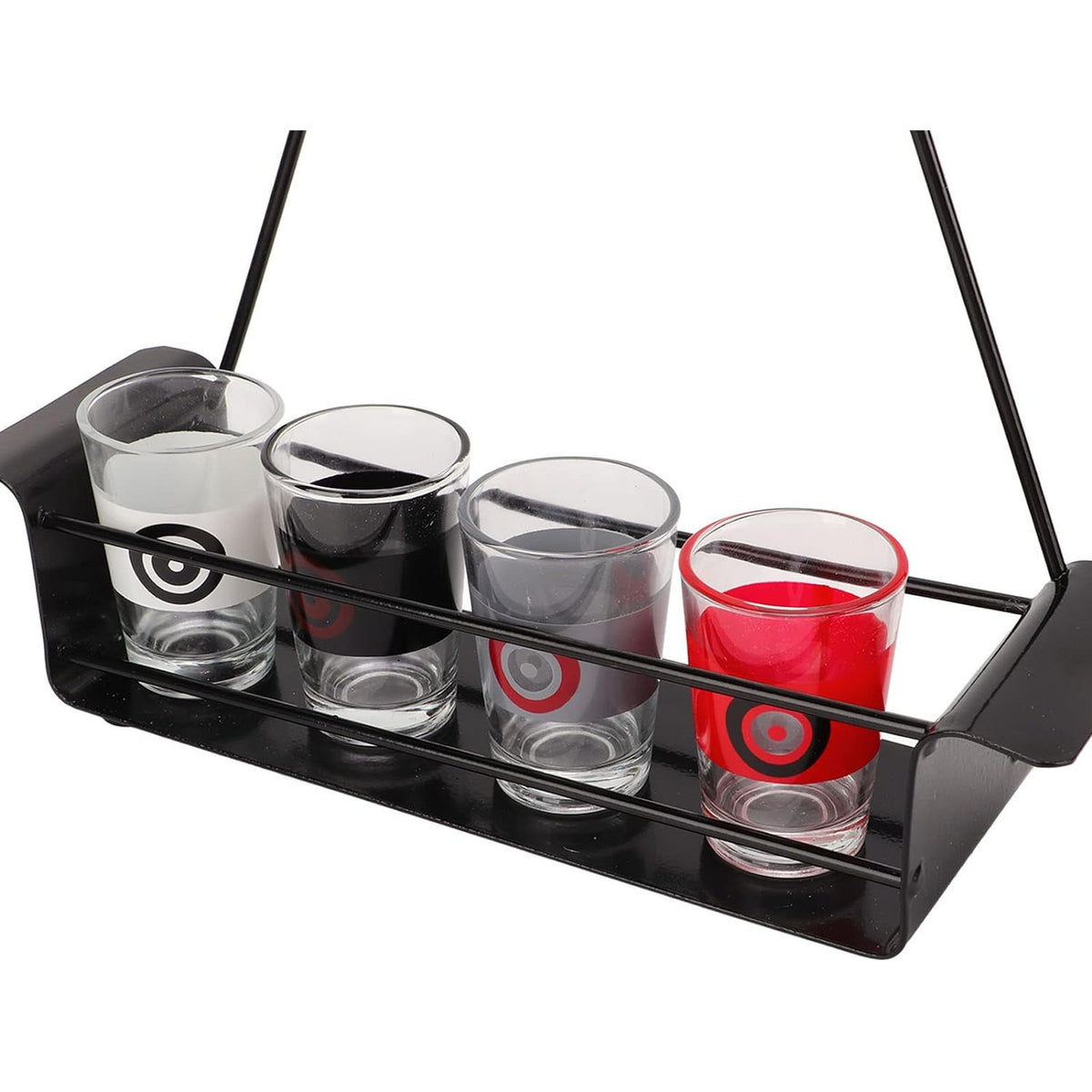 Joc De Baut Darts Pentru Petreceri, Tabla De Tinta Interactiva Cu 4 Sageti Magnetice Si 4 Pahare De Shot, Metal Si Sticla, 30 x 20 x 6.5 cm, Multicolor