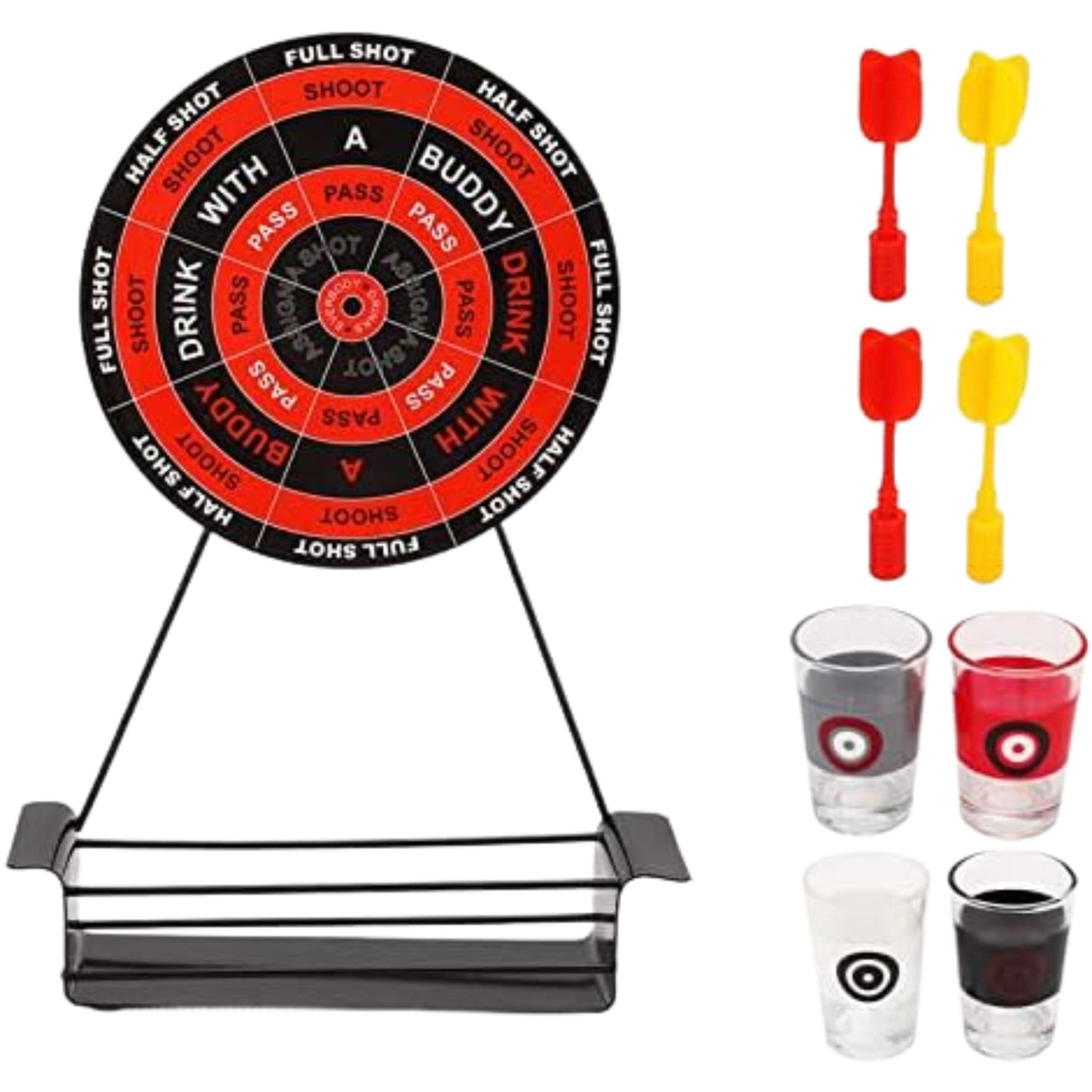 Joc De Baut Darts Pentru Petreceri, Tabla De Tinta Interactiva Cu 4 Sageti Magnetice Si 4 Pahare De Shot, Metal Si Sticla, 30 x 20 x 6.5 cm, Multicolor