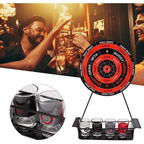 Joc De Baut Darts Pentru Petreceri, Tabla De Tinta Interactiva Cu 4 Sageti Magnetice Si 4 Pahare De Shot, Metal Si Sticla, 30 x 20 x 6.5 cm, Multicolor