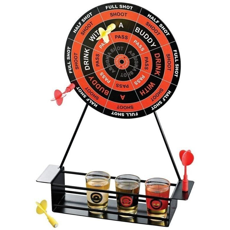 Joc De Baut Darts Pentru Petreceri, Tabla De Tinta Interactiva Cu 4 Sageti Magnetice Si 4 Pahare De Shot, Metal Si Sticla, 30 x 20 x 6.5 cm, Multicolor
