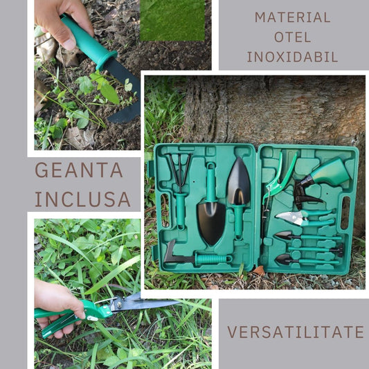Set Accesorii Pentru Gradinarit, 10 Piese, Otel Inoxidabil, Geanta Depozitare Cu Compartimente, Include Lopeti, Foarfeci Si Pulverizator, 37 x 28 cm, Verde