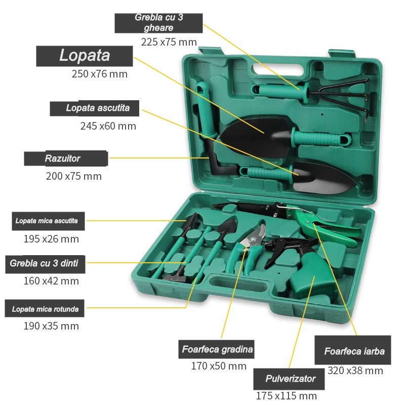 Set Accesorii Pentru Gradinarit, 10 Piese, Otel Inoxidabil, Geanta Depozitare Cu Compartimente, Include Lopeti, Foarfeci Si Pulverizator, 37 x 28 cm, Verde