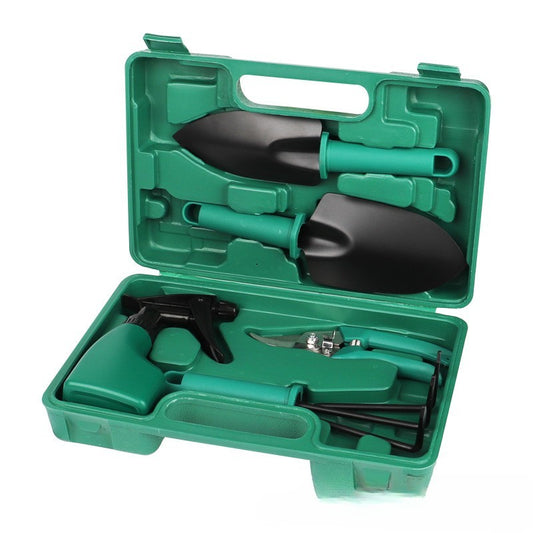 Set Accesorii Pentru Gradinarit, Kit 5 Piese cu Lopeti, Foarfeca si Pulverizator, Otel Inoxidabil, Geanta Depozitare Inclusa, 18.5 x 29.5 cm, Verde