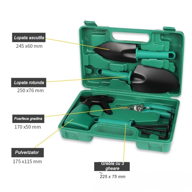 Set Accesorii Pentru Gradinarit, Kit 5 Piese cu Lopeti, Foarfeca si Pulverizator, Otel Inoxidabil, Geanta Depozitare Inclusa, 18.5 x 29.5 cm, Verde