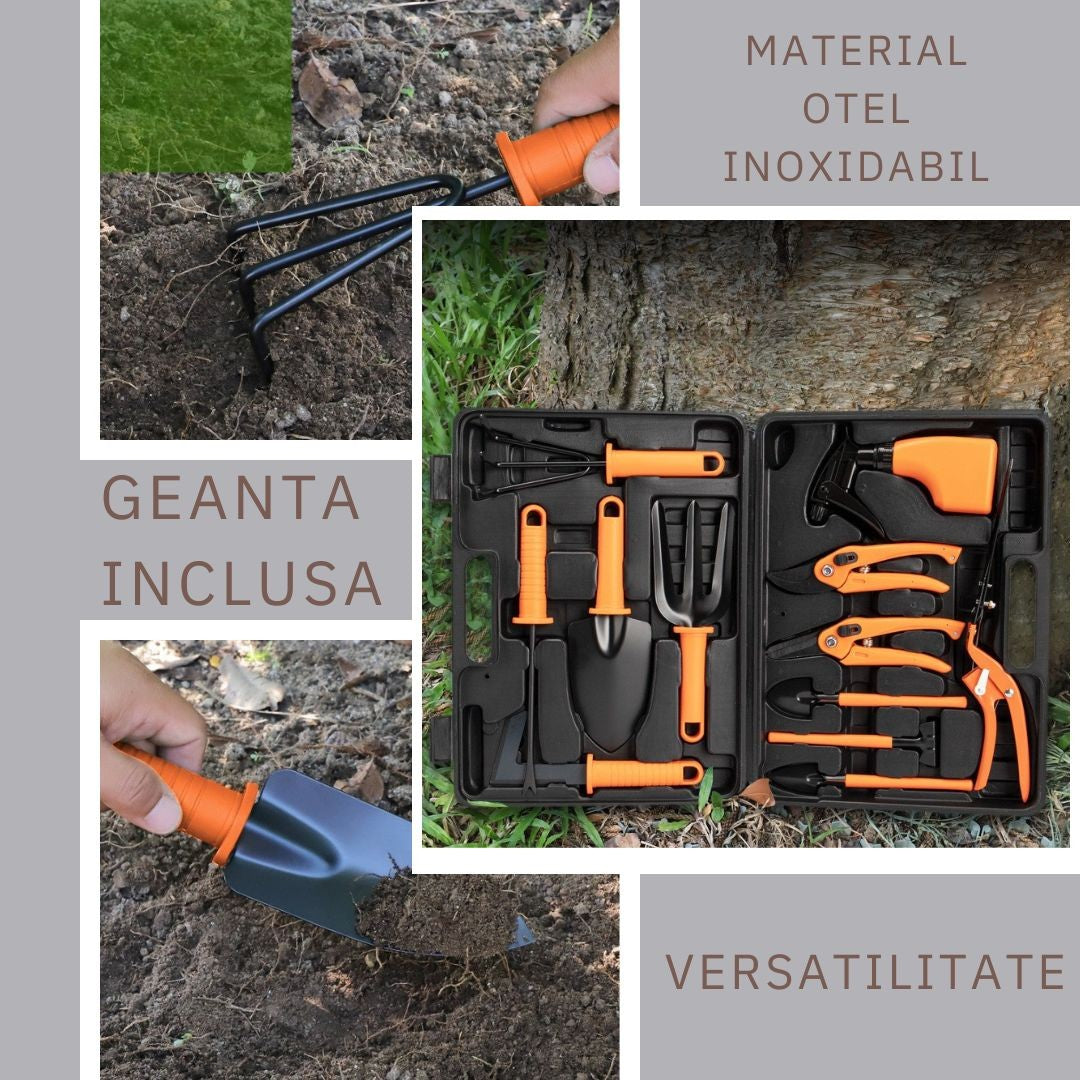 Set Accesorii Gradinarit cu Geanta Depozitare, 12 Ustensile pentru Intretinere Gradina, Otel Inoxidabil, Foarfeca si Pulverizator, 37 x 27 cm, Portocaliu