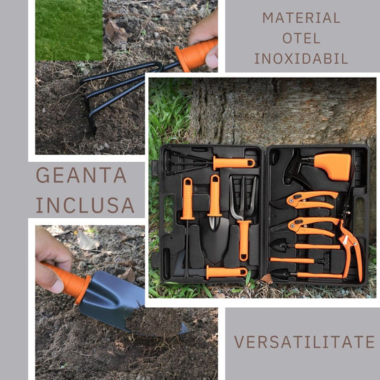 Set Accesorii Gradinarit cu Geanta Depozitare, 12 Ustensile pentru Intretinere Gradina, Otel Inoxidabil, Foarfeca si Pulverizator, 37 x 27 cm, Portocaliu