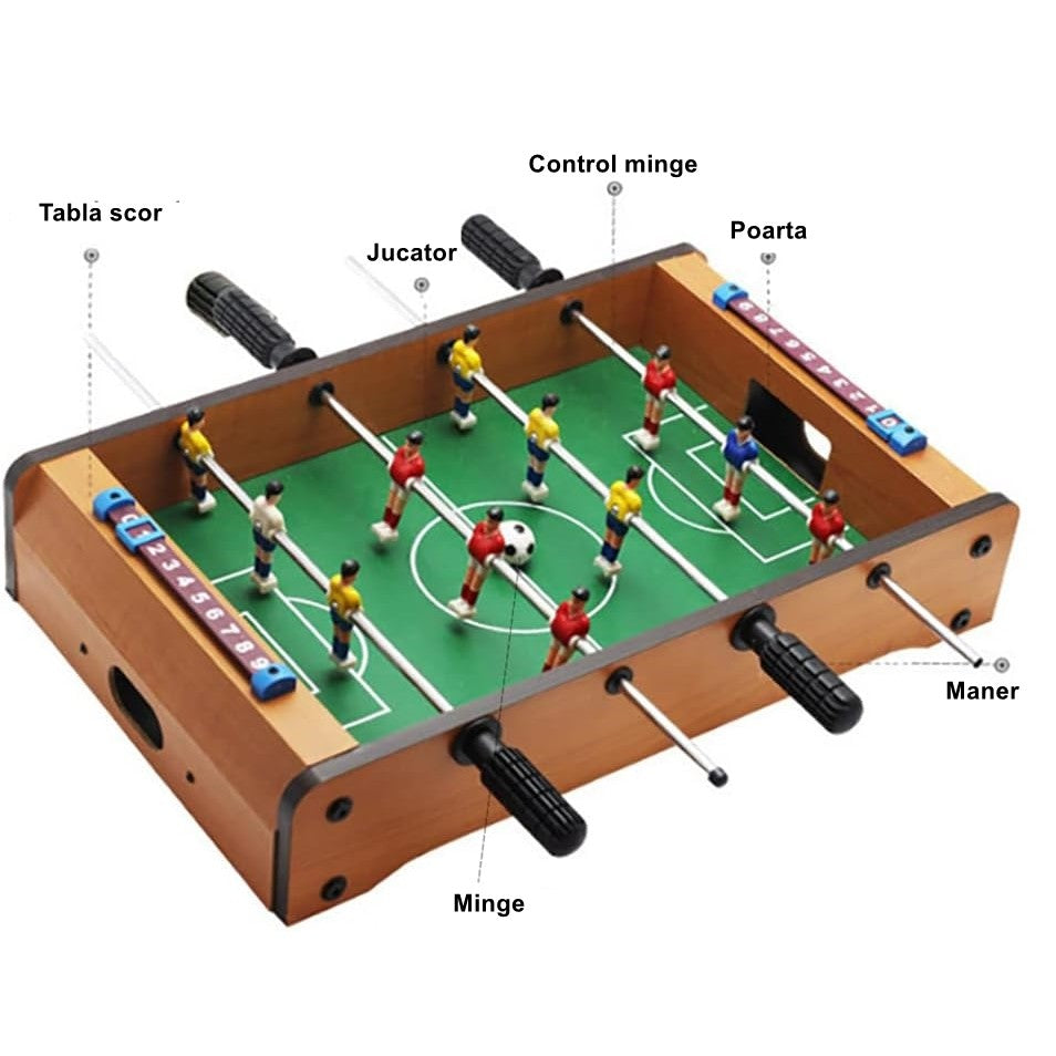 Masa de Fotbal pentru Copii, Joc de Masa cu 12 Jucatori si Tablou de Scor, Constructie din Lemn si Metal, Manere Antiderapante, 34.5 x 23 x 7 cm