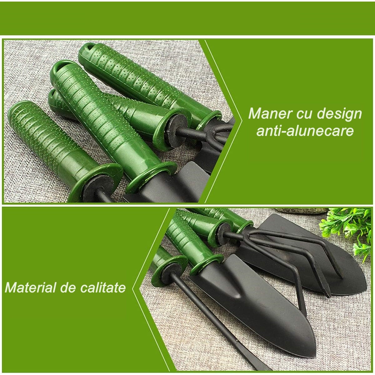 Set 4 Unelte de Gradina pentru Plantare si Prelucrare Sol, Ustensile Ingrijire Plante, PVC si Carton, 25 x 8.5 cm, Verde