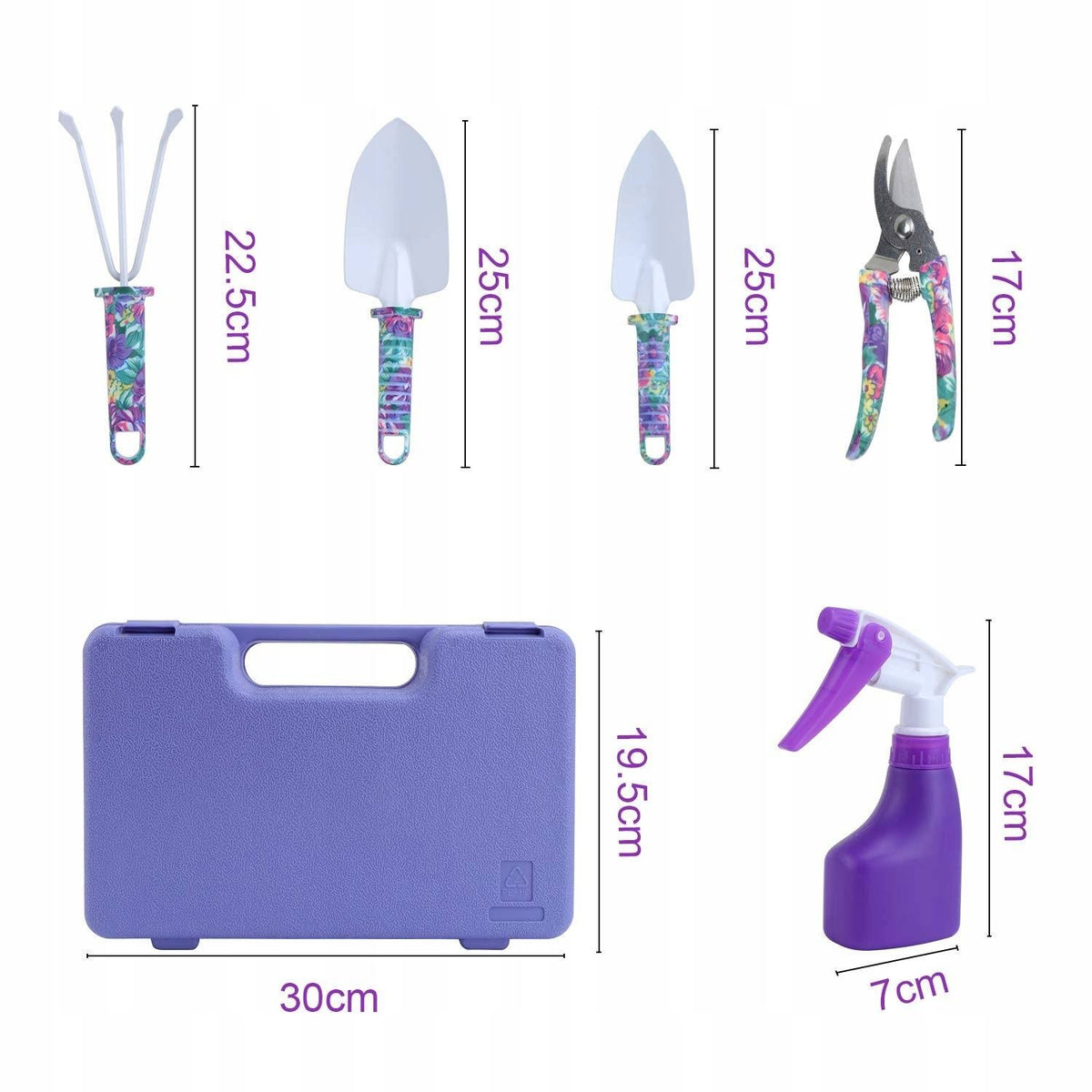 Set Accesorii Pentru Gradinarit Din Otel Inoxidabil, Include Unelte De Mana, Foarfeca Si Pulverizator, Geanta Depozitare Textila, Set 5 Piese, 38 x 29 cm, Mov