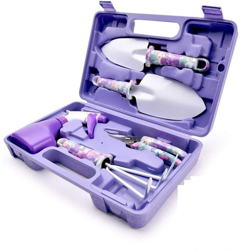 Set Accesorii Pentru Gradinarit Din Otel Inoxidabil, Include Unelte De Mana, Foarfeca Si Pulverizator, Geanta Depozitare Textila, Set 5 Piese, 38 x 29 cm, Mov
