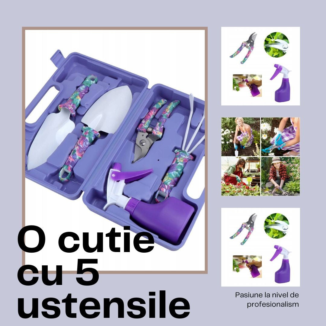 Set Accesorii Pentru Gradinarit Din Otel Inoxidabil, Include Unelte De Mana, Foarfeca Si Pulverizator, Geanta Depozitare Textila, Set 5 Piese, 38 x 29 cm, Mov