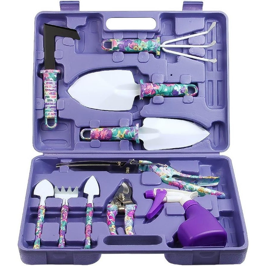Set Accesorii Gradinarit cu Geanta Depozitare, Unelte Profesionale din Otel Inoxidabil, Lopata, Foarfeca si Grebla, 10 Piese, Mov, 37 x 29 cm