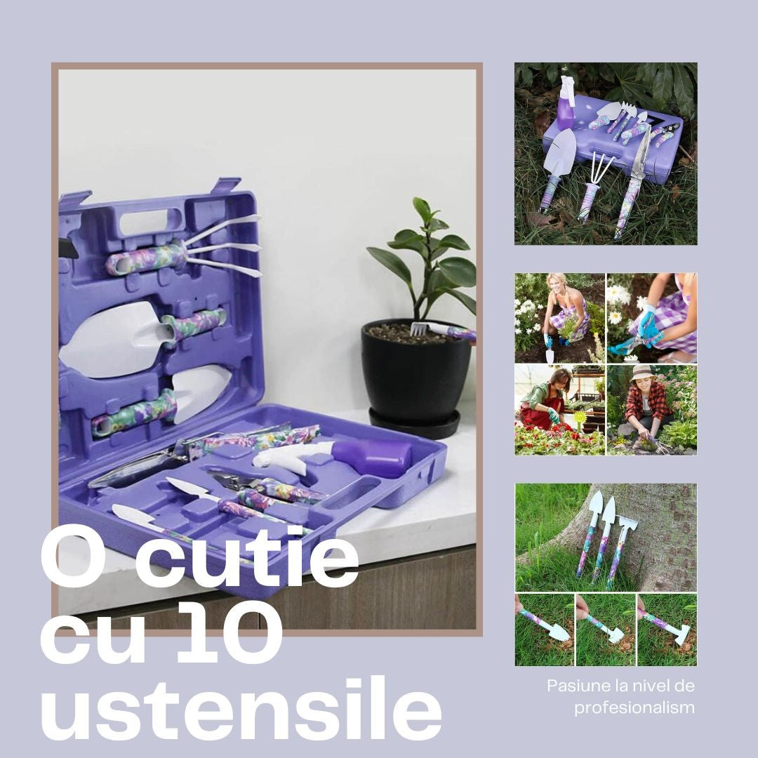 Set Accesorii Gradinarit cu Geanta Depozitare, Unelte Profesionale din Otel Inoxidabil, Lopata, Foarfeca si Grebla, 10 Piese, Mov, 37 x 29 cm