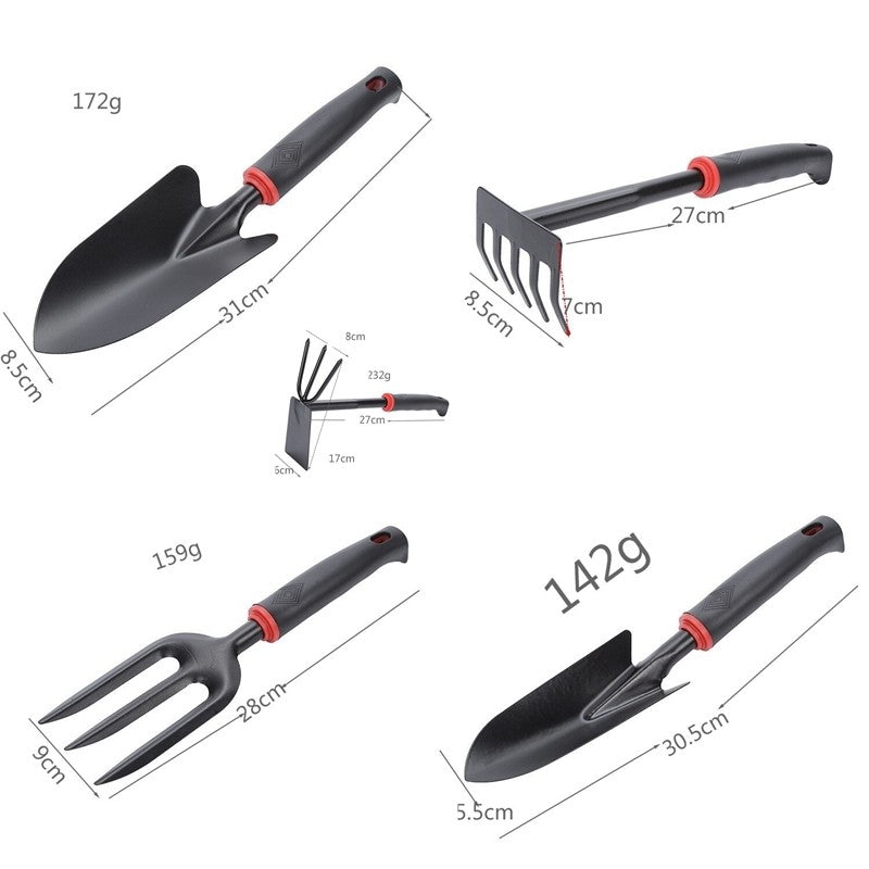 Set 7 Unelte de Gradinarit pentru Plantare si Ingrijire Plante, Kit Ergonomic pentru Prelucrare Sol, Material PVC si Carton, 31.5 x 8 cm, Negru