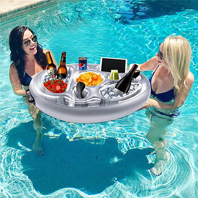 Bar Gonflabil si Suport de Pahare Plutitor pentru Piscina, 8 Compartimente pentru Gustari si Bauturi, Pompa Inclusa, PVC Rezistent, Gri, 25x18.5x4 cm