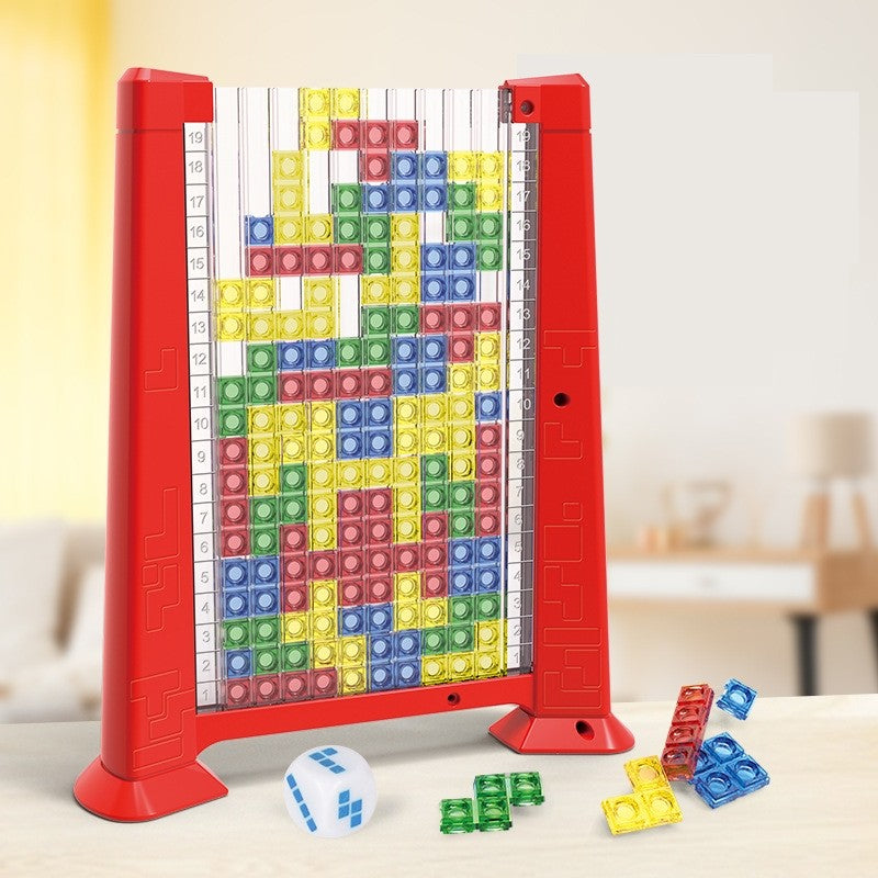 Joc De Inteligenta Tetris Puzzle 3D, Tangram Montessori Interactiv, Plastic, 70 Piese Multicolore, Cadru Rosu, 23 x 19.8 x 5 cm