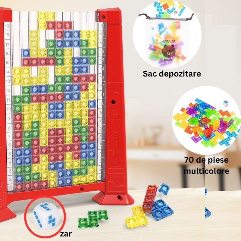 Joc De Inteligenta Tetris Puzzle 3D, Tangram Montessori Interactiv, Plastic, 70 Piese Multicolore, Cadru Rosu, 23 x 19.8 x 5 cm
