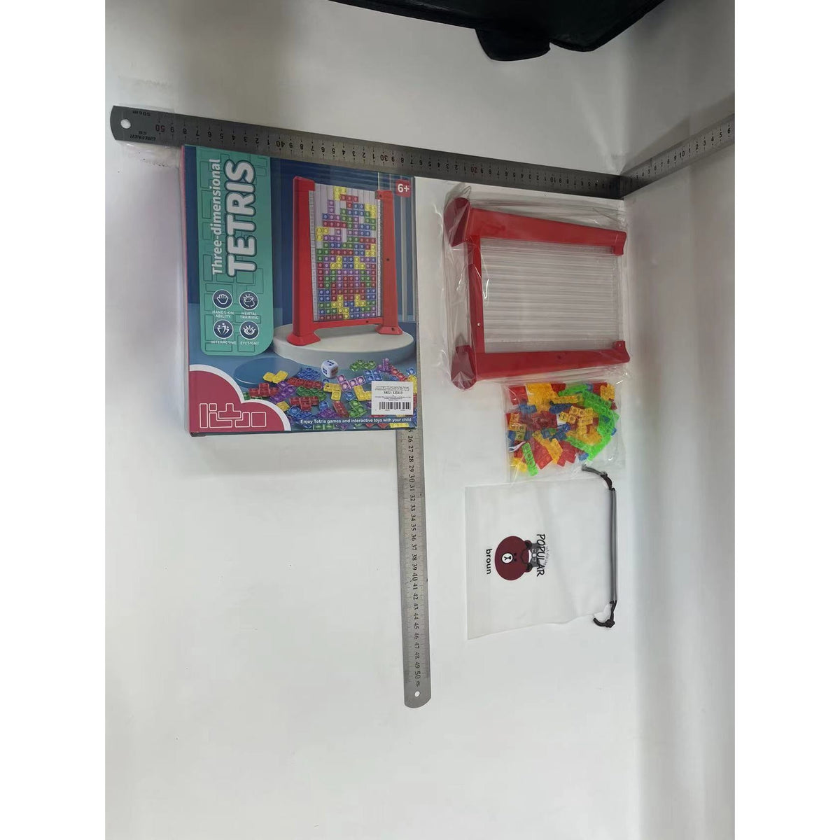 Joc De Inteligenta Tetris Puzzle 3D, Tangram Montessori Interactiv, Plastic, 70 Piese Multicolore, Cadru Rosu, 23 x 19.8 x 5 cm