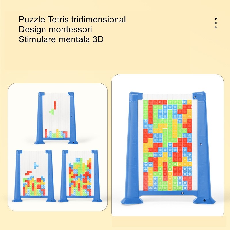Joc De Inteligență Tetris Puzzle 3D, Montessori Interactiv, Plastic, 70 Piese Multicolore, Cadru Albastru, 23 x 19.8 x 5 cm