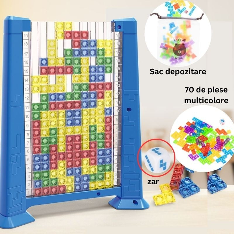 Joc De Inteligență Tetris Puzzle 3D, Montessori Interactiv, Plastic, 70 Piese Multicolore, Cadru Albastru, 23 x 19.8 x 5 cm