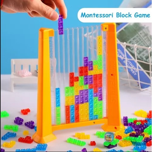 Joc De Inteligență Tetris Puzzle 3D, Educativ Montessori, Plastic, 70 Piese Multicolore, Cadru Galben, 23 x 19.8 x 5 cm