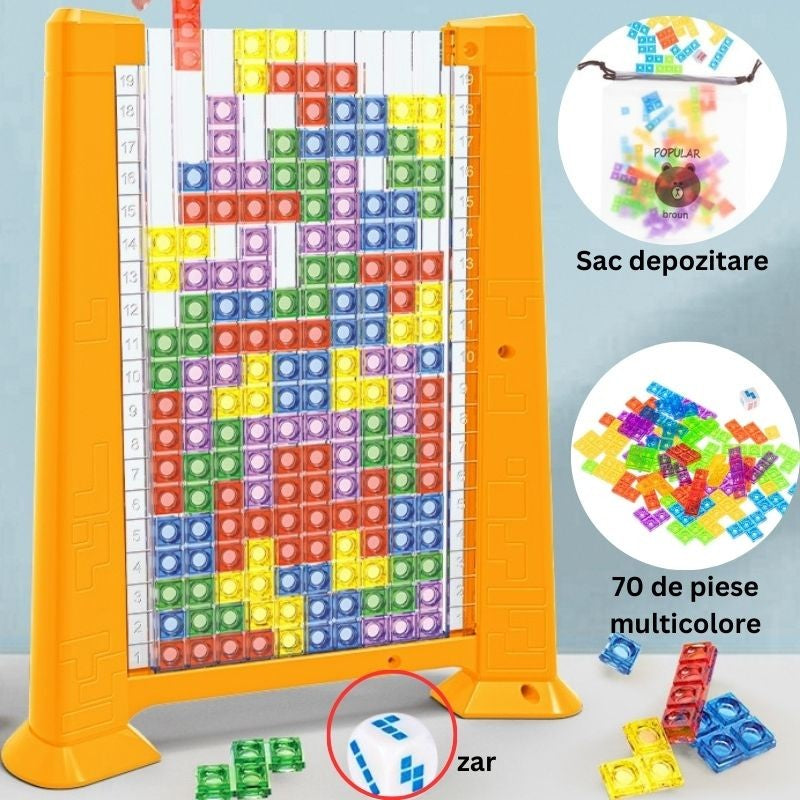 Joc De Inteligență Tetris Puzzle 3D, Educativ Montessori, Plastic, 70 Piese Multicolore, Cadru Galben, 23 x 19.8 x 5 cm