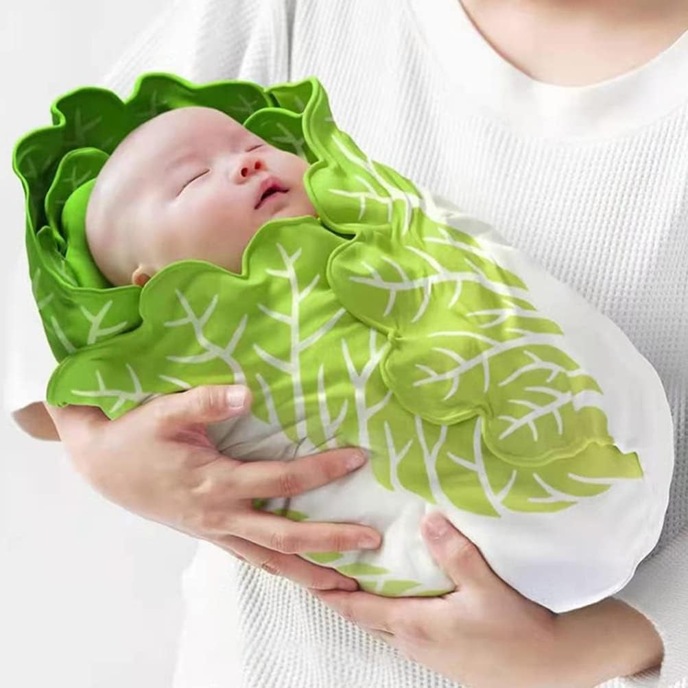 Set Patura Bebelusi si Caciula, Design Frunza de Salata, Flanel Moale din Poliester, Ideal pentru Sedinte Foto si Cadou Nou-Nascuti, 85 cm, Verde