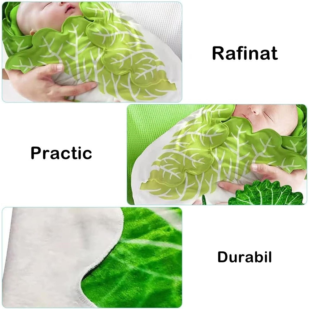 Set Patura Bebelusi si Caciula, Design Frunza de Salata, Flanel Moale din Poliester, Ideal pentru Sedinte Foto si Cadou Nou-Nascuti, 85 cm, Verde