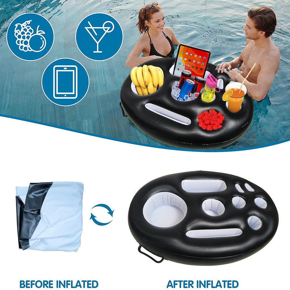 Suport Plutitor Piscină Tip Bar Gonflabil, Suport Pahare și Gustări cu 9 Compartimente, Pompă Inclusă, Material PVC, Negru, 25x18.5x4 cm