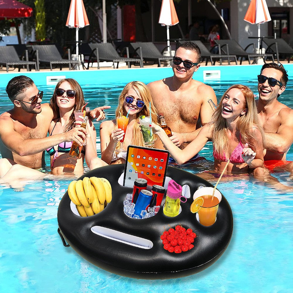 Suport Plutitor Piscină Tip Bar Gonflabil, Suport Pahare și Gustări cu 9 Compartimente, Pompă Inclusă, Material PVC, Negru, 25x18.5x4 cm