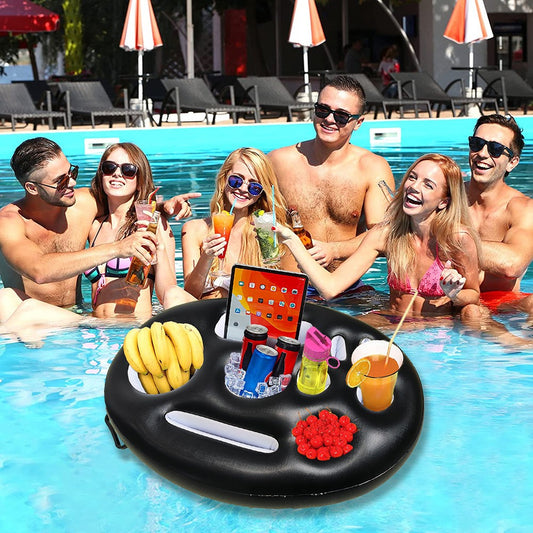 Suport Plutitor Piscină Tip Bar Gonflabil, Suport Pahare și Gustări cu 9 Compartimente, Pompă Inclusă, Material PVC, Negru, 25x18.5x4 cm