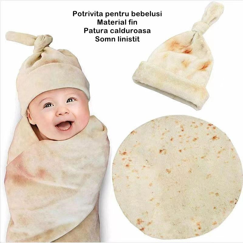 Set Patura Bebelusi Si Caciula, Design Inovativ Forma Lipie Tortilla, Flanel Moale Si Calduros, Poliester, 85 cm, Crem