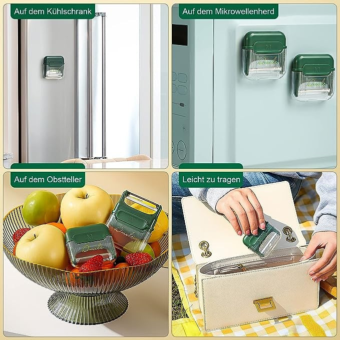 Decojitor Legume si Fructe cu Magnet, Curatator Manual Portabil cu Lame Duble Pivotante, Otel Inoxidabil, Verde, 6.7x6x1.6 cm