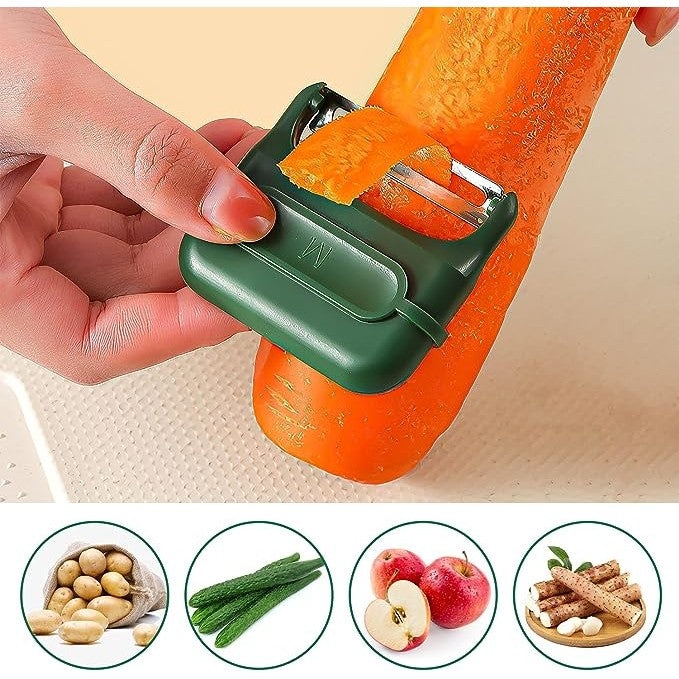 Decojitor Legume si Fructe cu Magnet, Curatator Manual Portabil cu Lame Duble Pivotante, Otel Inoxidabil, Verde, 6.7x6x1.6 cm