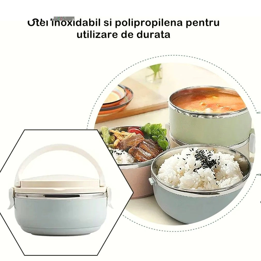 Caserola Termica Lunch Box, Recipient Alimente cu Inchidere Etansa si Valva Aerisire, Otel Inoxidabil si Maner, 700 ml, 15 x 8.5 cm, Albastru