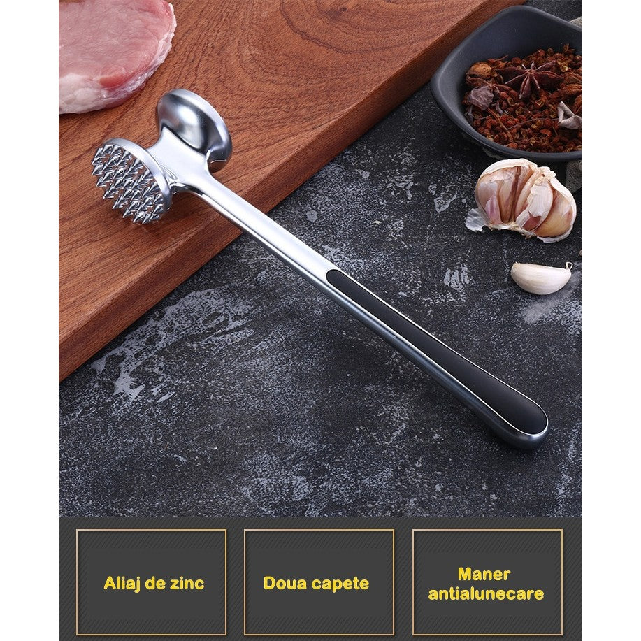 Ciocan pentru Snitele si Carne, Doua Capete pentru Fragezire si Aplatizare, Maner Antialunecare Ergonomic, Aliaj de Zinc, 22 cm, Argintiu