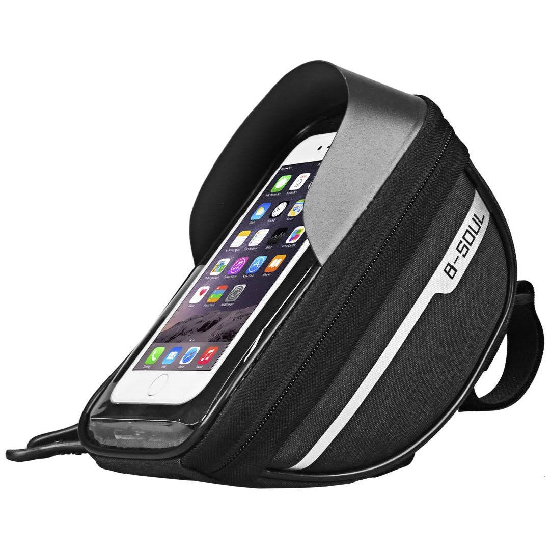 B-Soul Borseta Bicicleta Impermeabila, Geanta Ghidon cu Suport Telefon Touchscreen, Spatiu Depozitare Accesorii, Compatibila Smartphone Maxim 16 cm, 18.5x9.5 cm, Negru