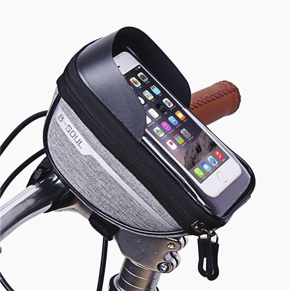 Borseta Bicicleta Impermeabila cu Husa Telefon Tactila, Montare pe Ghidon, Spatiu Depozitare Accesorii, Poliester, Compatibila Telefoane pana la 16 cm, 18.5x9.5 cm, Gri