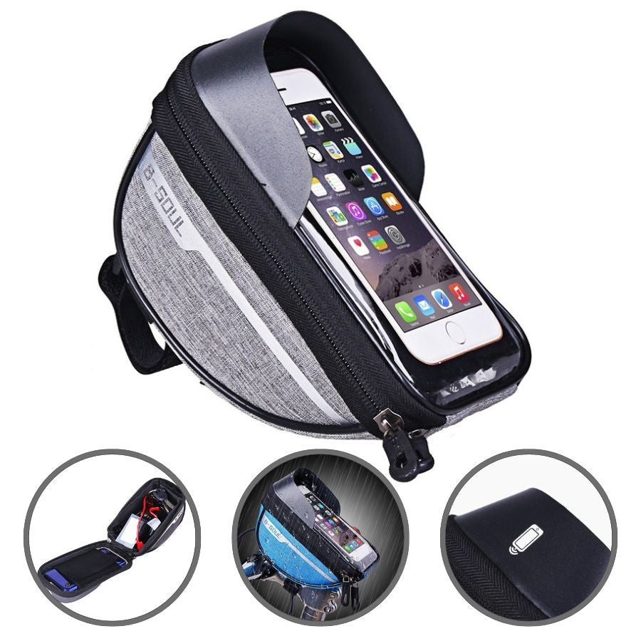Borseta Bicicleta Impermeabila cu Husa Telefon Tactila, Montare pe Ghidon, Spatiu Depozitare Accesorii, Poliester, Compatibila Telefoane pana la 16 cm, 18.5x9.5 cm, Gri
